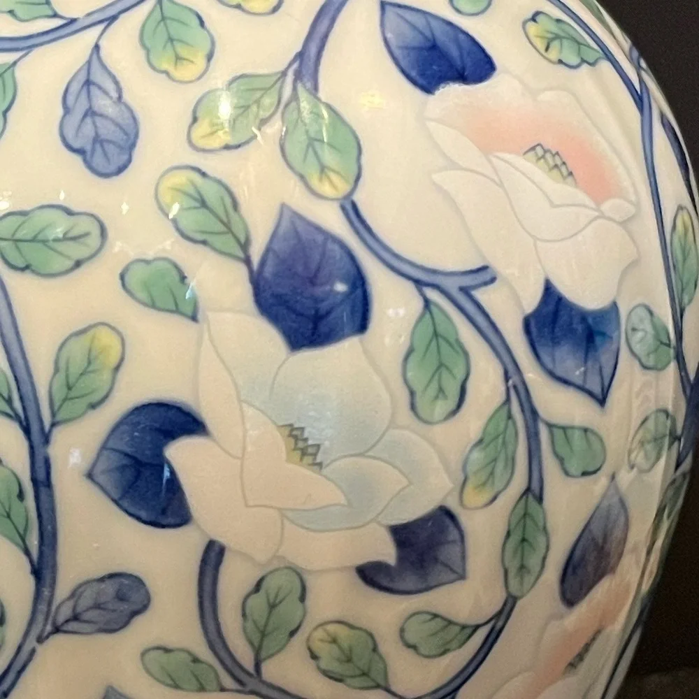 Vintage Maebata Japan Lotus Floral Andrea by Sadek Blue and White Vase